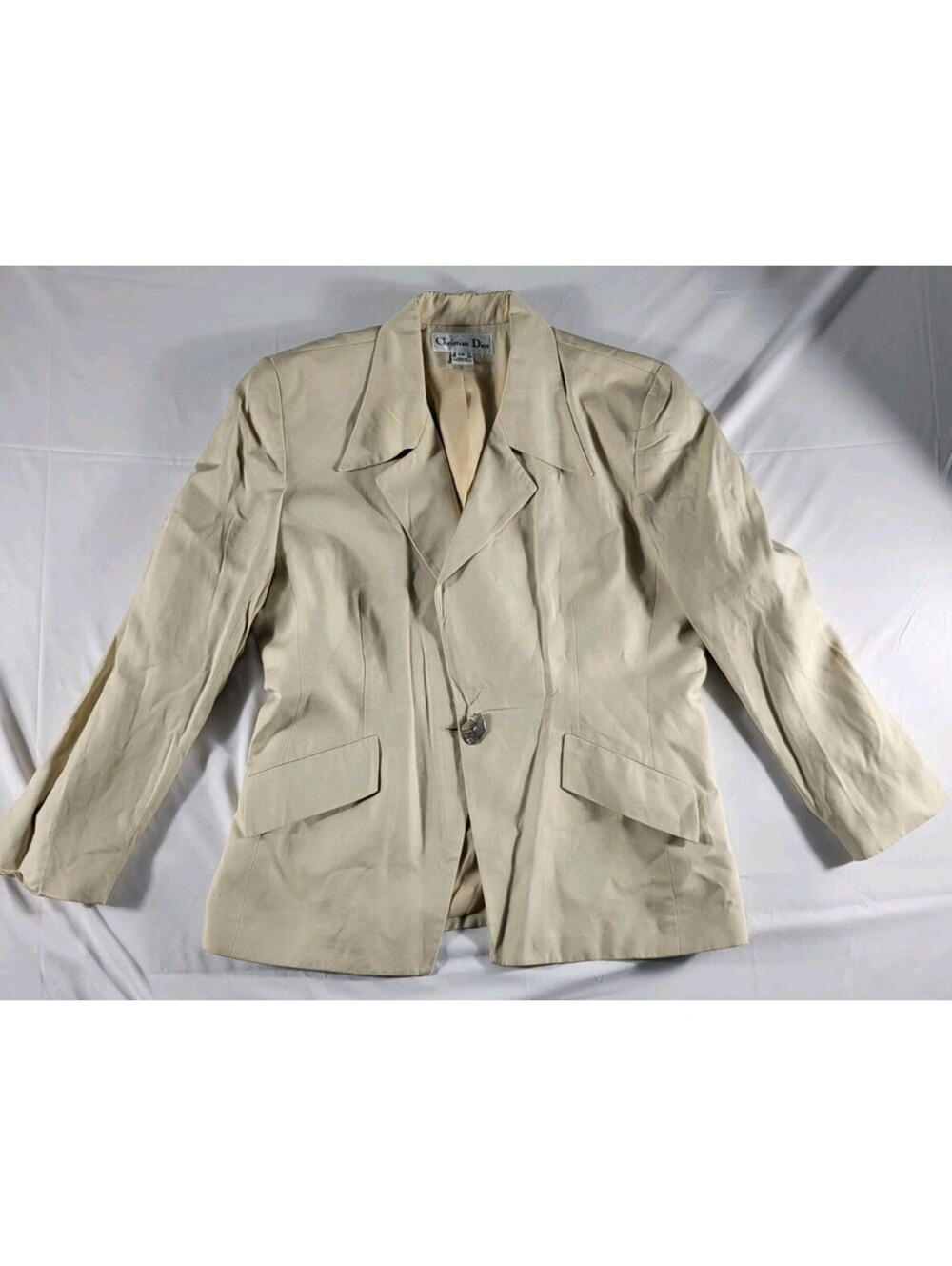Vintage Christian Dior Beige Skirt Suit Set 2 Piece Blazer Shoulder Pads 14 USA